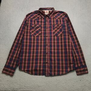 Levis Strauss & Co. Button Up Shirt Mens Large L Pockets Plaid Maroon Red Blue